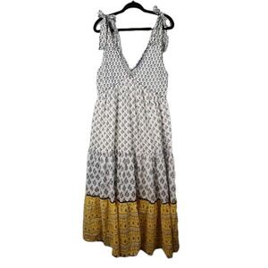 Anthropologie Ro's Garden Evelyn Midi Dress Small Tie Strap Floral White‎ Yellow
